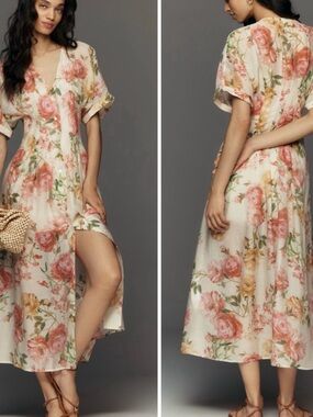 Anthropologie Exquise Tobie Floral Dress in Cream with Pink Rose Print